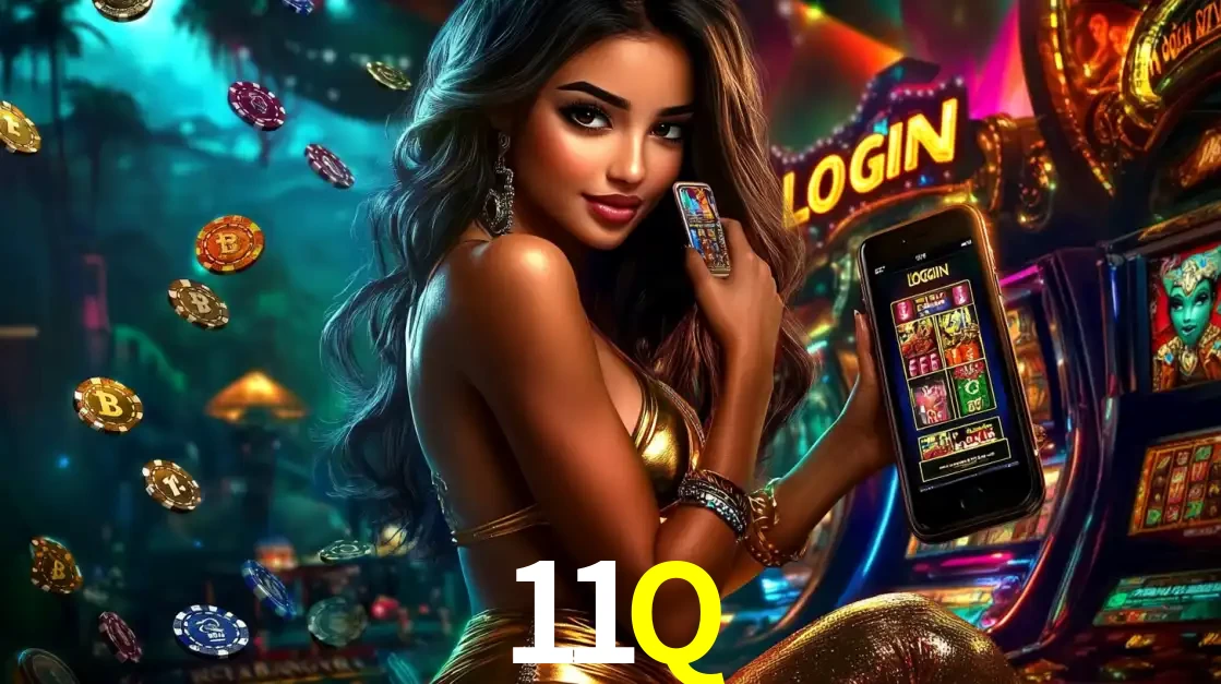 Mulher em um cenário de cassino temático de aventura, mostrando o app de caça-níqueis da 11Q no celular. Fichas de apostas flutuam ao redor.