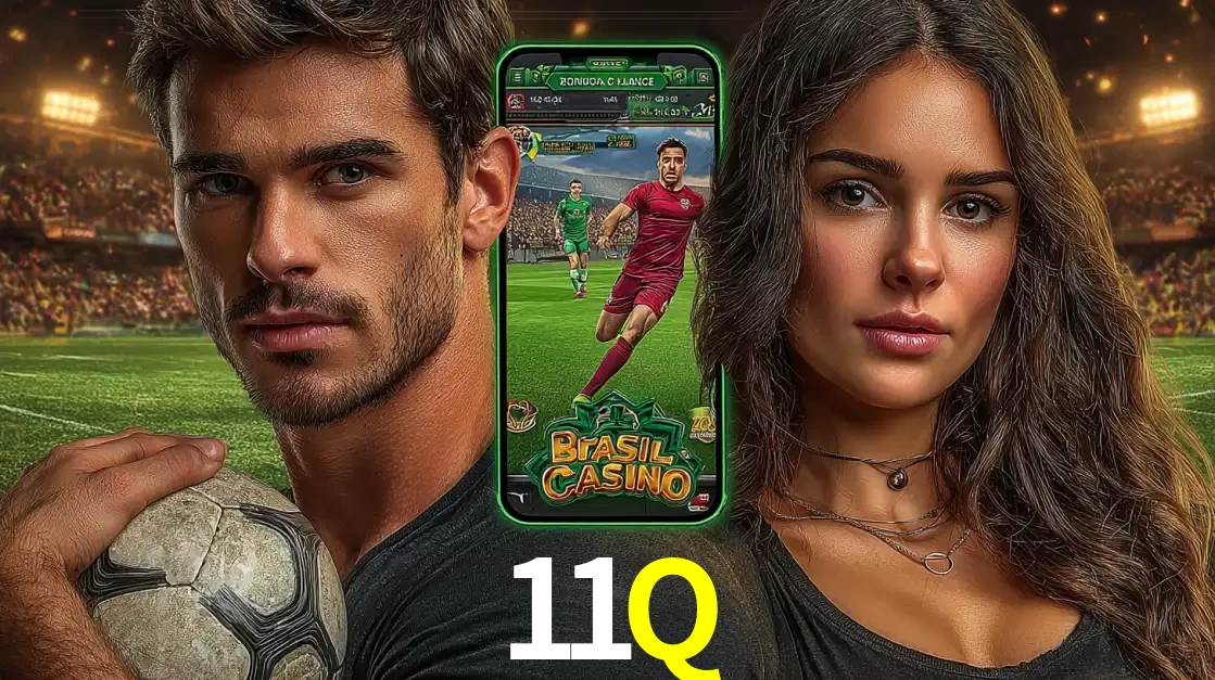 Homem segurando uma bola de futebol e uma mulher ao lado de um smartphone exibindo o jogo de apostas esportivas da 11Q. Faça seu palpite no cassino online.